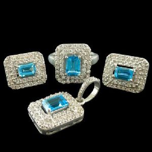 White Rhodium set 925 Sterling Silver Jewelry Pendant,Earring,Ring blue topaz