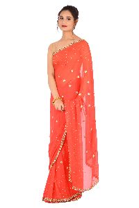 Carrot Red Embroidered Georgette Saree