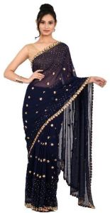 Navy Blue Embroidered Georgette Saree