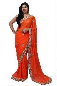 Orange Heavy Border Georgette Saree