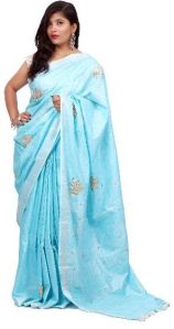 Sky Blue Embroidered Cotton Saree