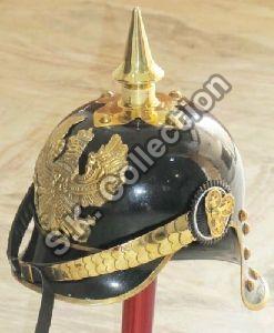 Brass Leather German Helmet with Wooden Stand Picklehaub Wearable Helmet
