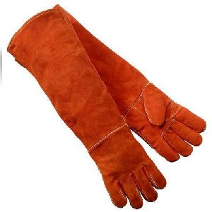 Full Finger Red Safety Long Leather Hand Gloves