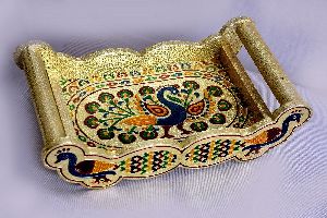 Peacock Design Golden Meenakari Tray