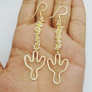 White Pearl 9cm Long Gold Plated Cactus Charms Drop Earring