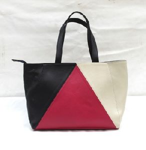 Navy Color Blocking Leather Tote Bag