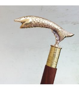 Antique Brass Fish Handle Wood Walking Stick