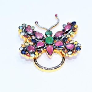 Diamond Ruby Gold Plated Antique Ring Pendant Brooch