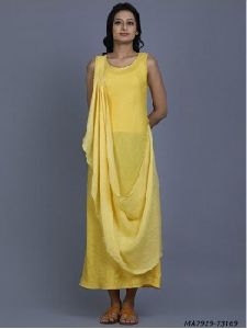 Yellow Cotton mal Solid Party Knee-Long Kurti
