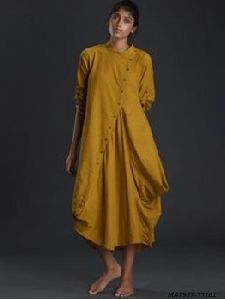 Yellow Cotton Solid Party Knee-Long Kurti