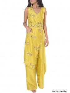 Yellow Silk Printed Party Maxi Jumpsuit