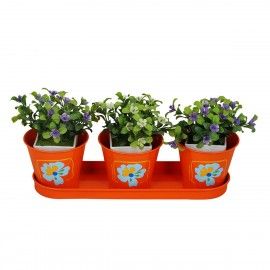 Round herb planter set with tray in Orange