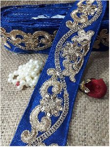 Royal Blue Cotton Mix Base Gold Embroidery Flower Design Lace