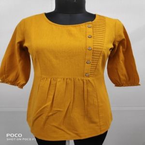 Mustard pin-tucks detail yoke short kurti