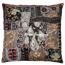 Black Indian Sari Decorative Throw Pillow Cover