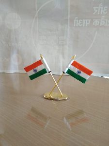 Brass Mini X Cross Stand Khadi Flag in Double Rod