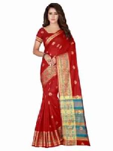 Red Colored Cotton Silk Saree With Free Blouse.