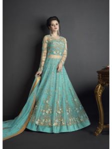 Turquoise Blue Color Net Semi Stiiched Salwar Suit