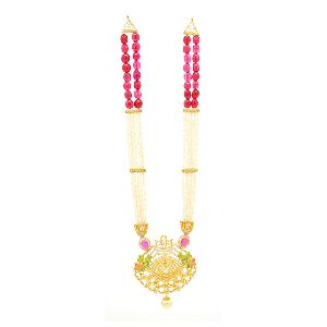 Pearl with Pink String Necklace Set Gold Polish with Earrings