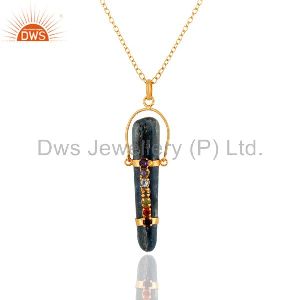 18K Yellow Gold Plated Brass Fashion Kyanite Chakra Gemstone Pendant With Chai