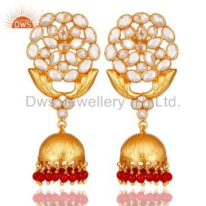 CZ and Coral 18K Gold Plated Sterling Silver Traditional Jhumka Earring