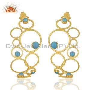Matrix Turquoise Gemstone Yellow Gold Plated Brass Fashion Hoop Earrings Jewelry