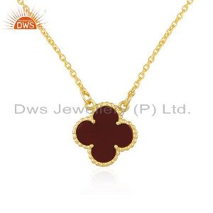 Red Jasper Gemstone Gold Plated 925 Silver Flower Chain Pendant
