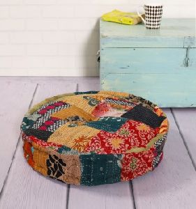 vintage kantha stitched patchwork cotton filled ottoman round reversible floor cushion