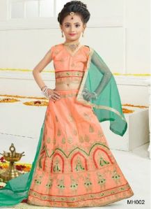 peach kids wear banglori silk embroidery work lehenga