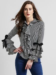 Women Striped Ruffled Tie knot Sleeves Shirt