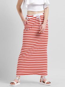 Women Striped Tie Up Waist Maxi Skirt