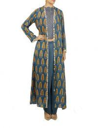 Blue Printed Long Jacket With Top And Pants