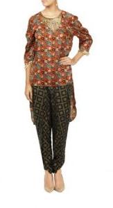 Orange Printed High Low Tunic With Printed Pants