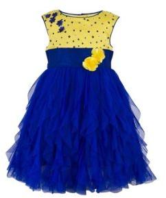 Yellow and Blue Printed waterfall Girls Party Dress