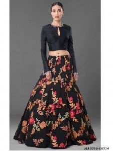 Satin Embroidery Party Knee-Long Crop Tops Skirt