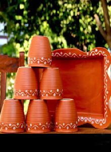 Brown Set of 6 Ceramic Cups and Tray