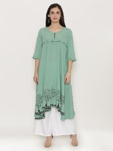 Aqua Up-Low Hemline Printed Kurta