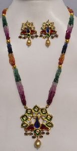 multi coloured natural beads with gold beads necklace set