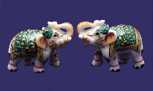 Set of Hand Crafted Indian Royal Elephant Gold Painted Marble Sculpture Idol Statue