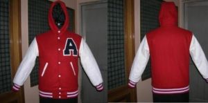 Scarlet Red and White Man Baseball Varsity Jackets