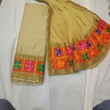 phulkari suit on golden silk fabric and chinon dupatta
