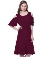 Wine Ruffle Cold Shoulder Dress