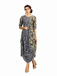 Printed Tunic Rayon Fabric Printed Gray Beige Kurti