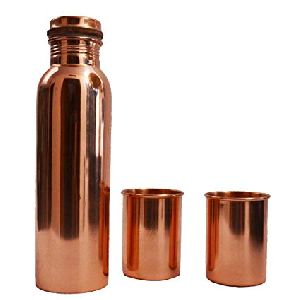 Plain Copper Water Bottle With Glass Set
