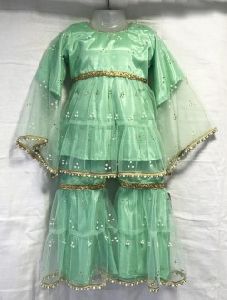 Sea Green Net Party Wear Moti Work Kids Sharara Style