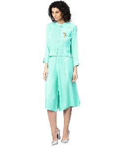 Turquoise Blue Embroidered Straight Dobby Top with Culottes