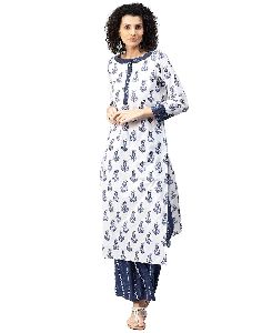 White and Blue Ethnic Motifs Straight Cotton Kurta with Palazzo