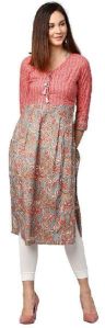 Women Grey Floral Straight Cotton Kurta