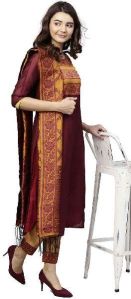 Women Maroon and Mustard Solid Straight Chanderi Kurta with Pant Dupatta