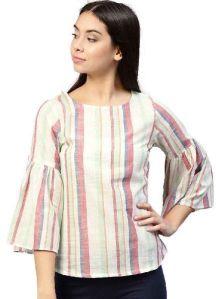 Women White Stripes Straight Rayon Top